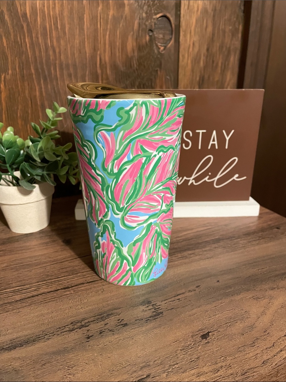 Lilly Pulitzer Blue Pink Green Floral Ceramic Tumbler with Gold Lid
